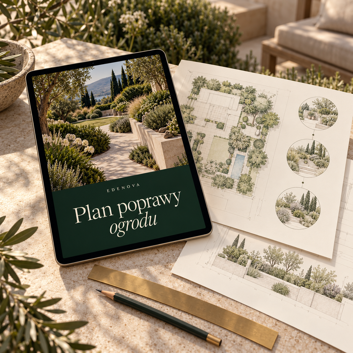 Ilustracyjna wizualizacja GWS: Plan poprawy ogrodu — tablet i materiały do pracy w zielono-kremowej stylistyce EDENOVA.